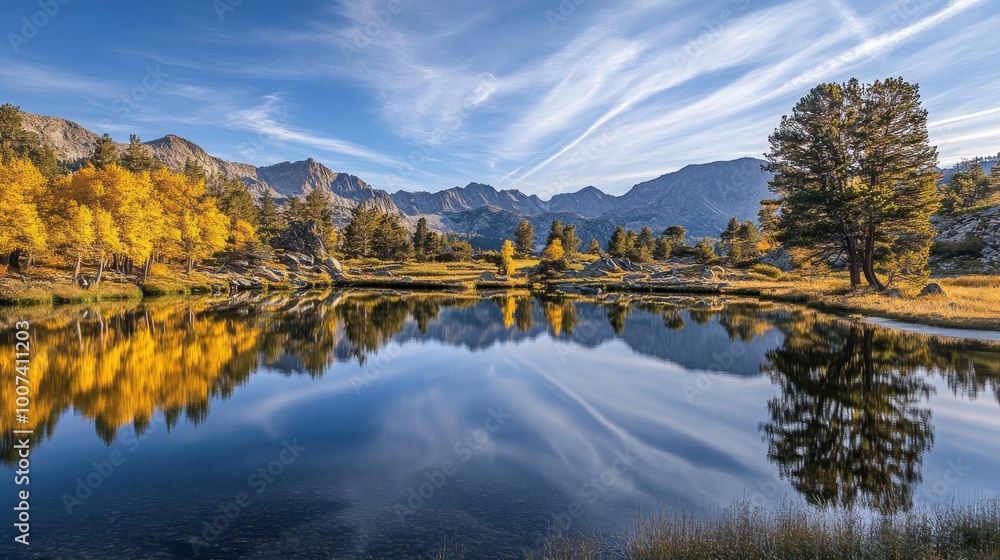 Fototapeta premium Bishop Canyon, autumn colors, and a blue lake in California, USA.