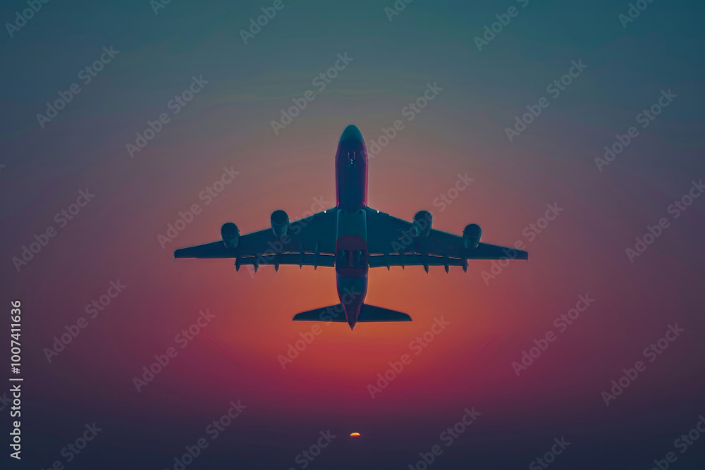 An airplane ascends gracefully against a vibrant sunset, filling the sky with hues of orange, purple, and blue, as it departs a bustling city under a tranquil evening atmosphere. An airplane ascends gracefully against a vibrant sunset, filling the sky with hues of orange, purple, and blue, as it departs a bustling city under a tranquil evening atmosphere.