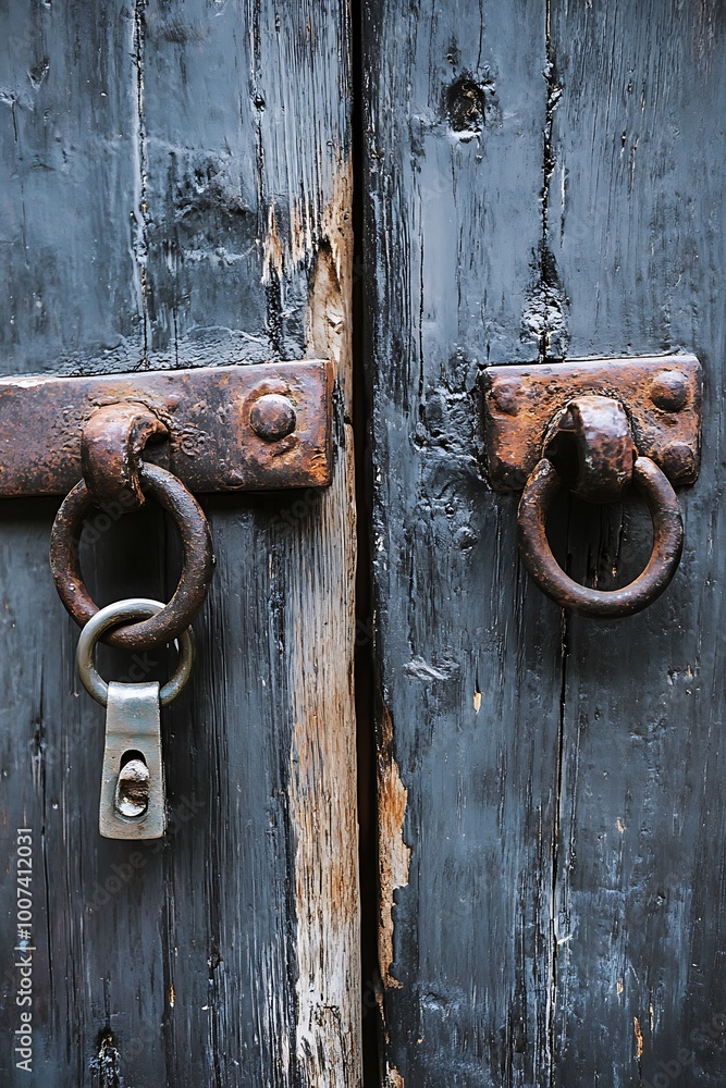Closeup of antique door hardware with rusty metal rings, hinges and padlock on weathered wooden door Closeup of antique door hardware with rusty metal rings, hinges and padlock on weathered wooden door