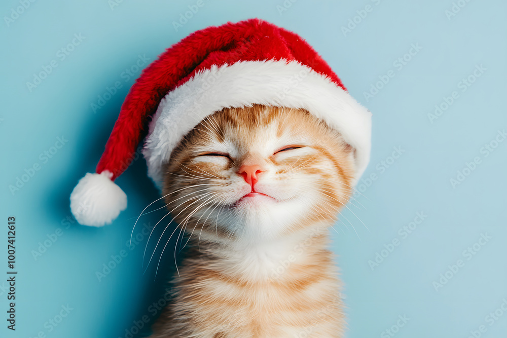 happy cat in a New Year's red cap on a blue background. cute cat waiting for the holiday. Santa Claus hat. New Year banner with place for text. cheerful pet happy cat in a New Year's red cap on a blue background. cute cat waiting for the holiday. Santa Claus hat. New Year banner with place for text. cheerful pet