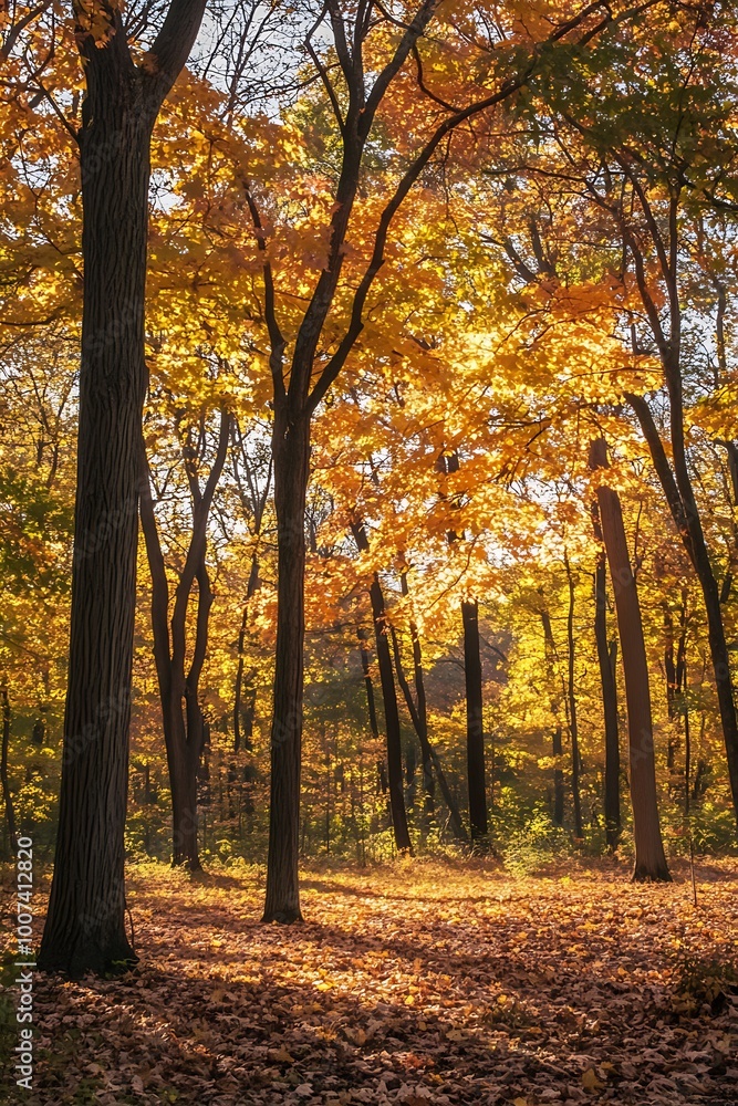 Obraz premium Golden autumn leaves on trees in forest