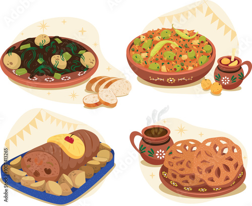 Ilustración de cena popular de navidad México. Romeritos bacalao lomo relleno ponche y buñuelos
