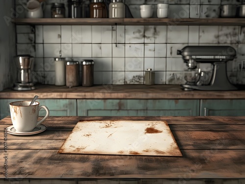 Rustic kitchen scene with a worn wooden table, a cup, and a blank paper awaiting culinary creativity.