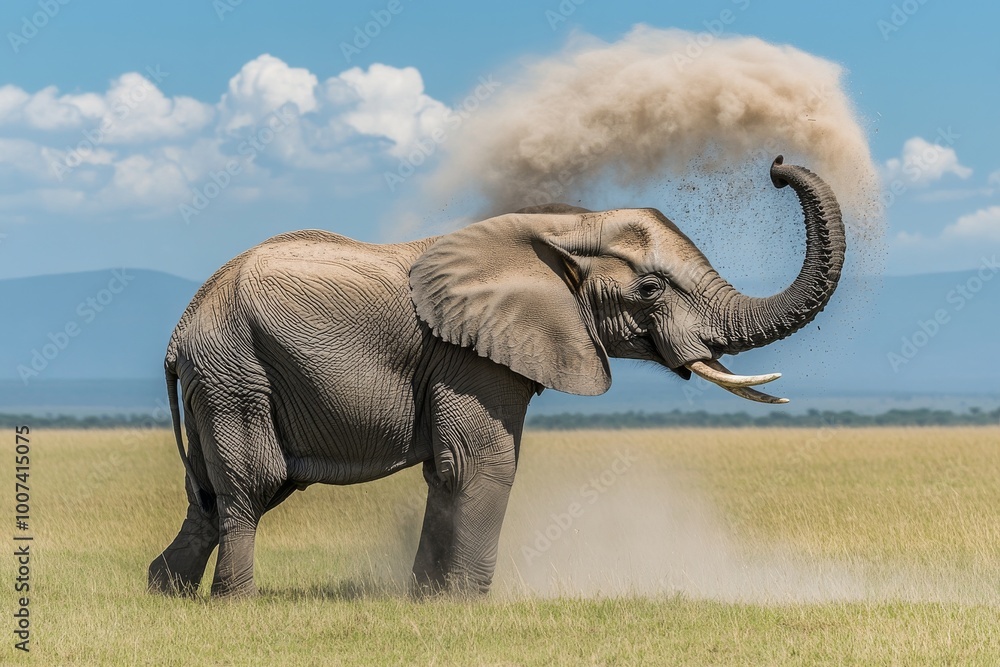 Obraz premium African elephant spraying dust on itself in Amboseli National Park