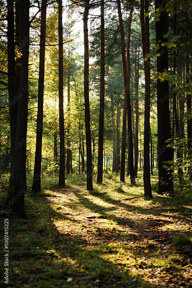 Obraz premium Sunbeams filtering through tall pine trees in a forest