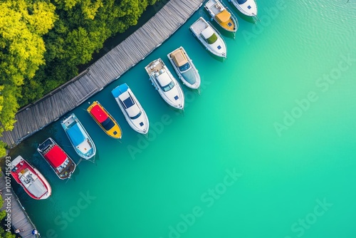 Bavaria, Seeshaupt, Boats moored along jetty on green shore of Lake Starnberg, aerial view photo