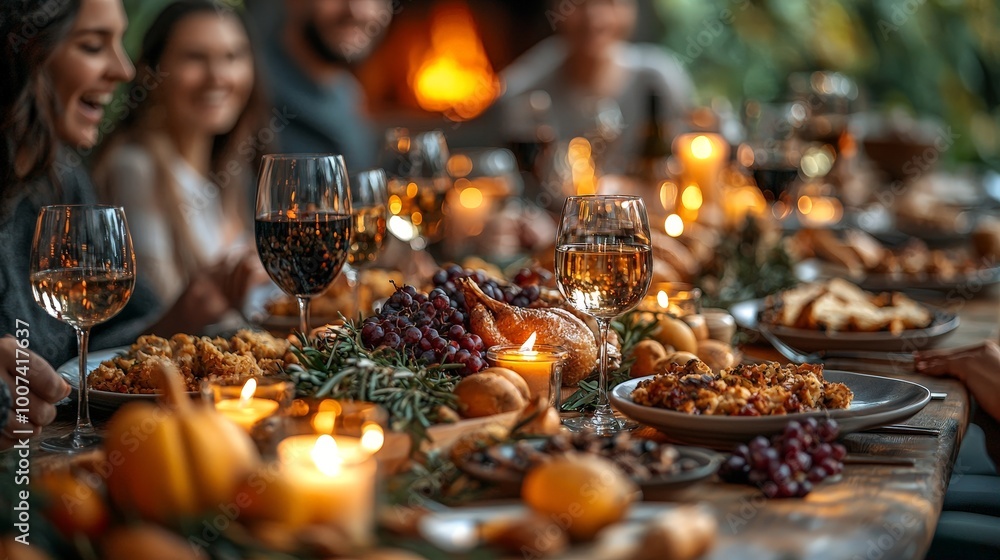 A festive gathering with a beautifully arranged dinner table filled with food and drinks. A festive gathering with a beautifully arranged dinner table filled with food and drinks.