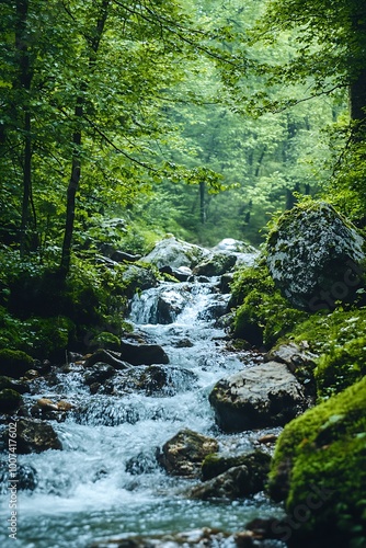 Tranquil forest stream flowing over mossy rocks, natural beauty, green trees, sunlight, fresh water