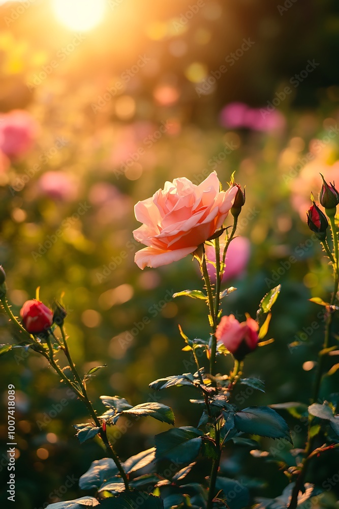 Obraz premium Pink rose flower blooming in the garden during golden hour sunset.