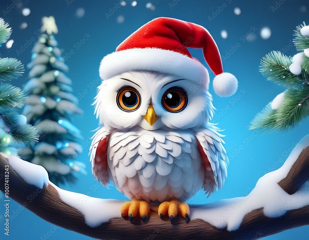 Cute Cartoon Snow Owl on a Winter Branch Wearing a Santa Hat Cute Cartoon Snow Owl on a Winter Branch Wearing a Santa Hat