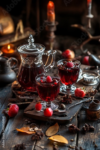 Still life with red wine, raspberries, and candles on wooden table. Dark, mysterious and romantic mood