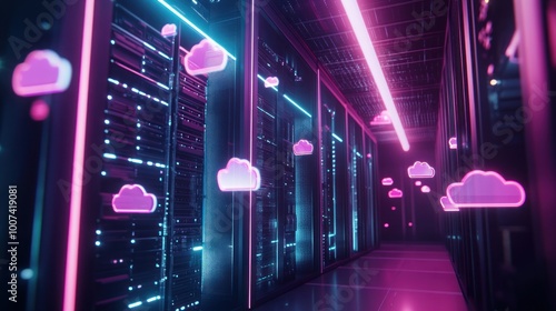 Server Room with Neon Clouds