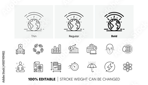 World water, Car charging and Timer line icons. Pack of Face recognition, Organic tested, Euro rate icon. Waterproof umbrella, Renewable power, Graph chart pictogram. Qr code, Greenhouse. Vector
