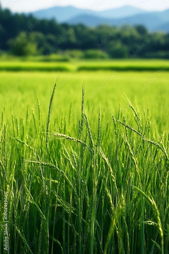 Obraz premium Close up of Green Rice Plants in a Field with a Blurred Background of Trees and Hills