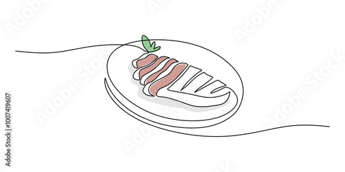 Steak on a plate in one line drawing. Beef sirloin food concept.