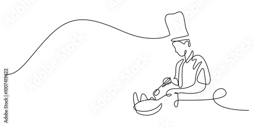 Chef cooking in kitchen, one line drawing. Minimalist food preparation concept.