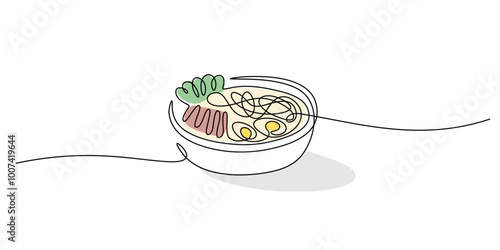 Ramen noodles in bowl, one line drawing. Traditional Asian food concept.