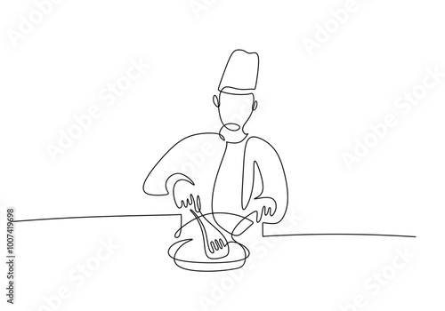 Chef cooking in one line drawing. Professional kitchen and food concept.