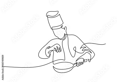 Chef preparing meal in one line drawing. Cooking and perfection concept.