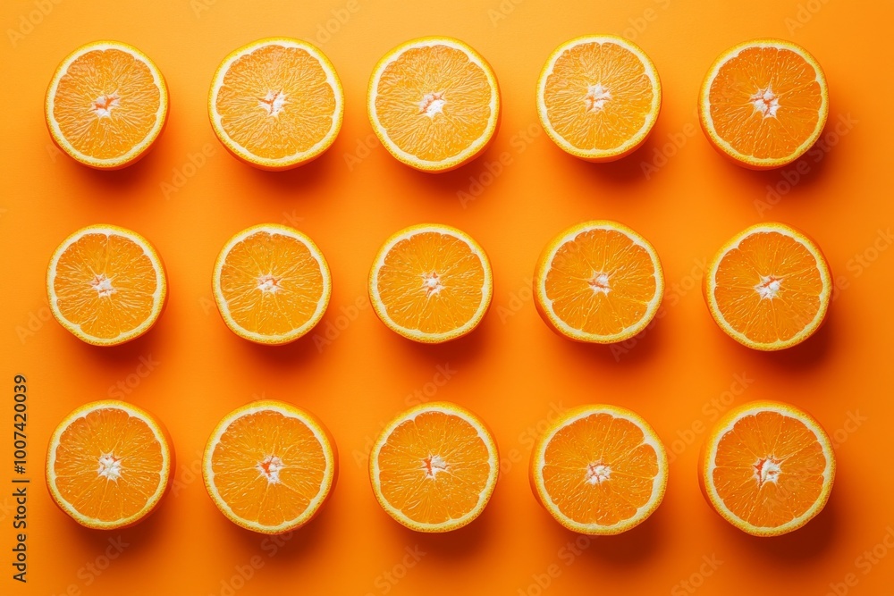A summer pattern made of oranges on a yellow background A summer pattern made of oranges on a yellow background