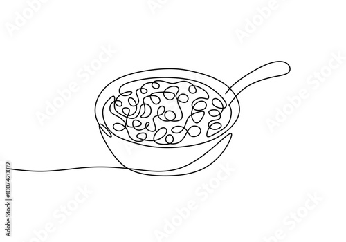 Cereal bowl in one line drawing. Breakfast with milk, healthy food concept.
