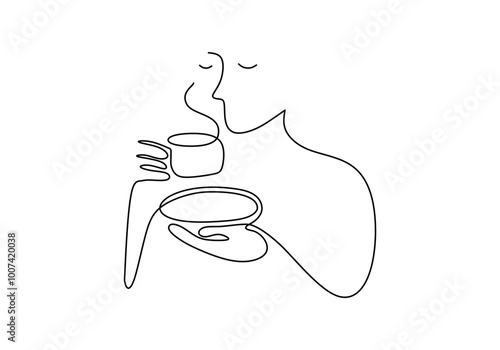 Coffee time in one line drawing. Relaxation and hot drink concept.