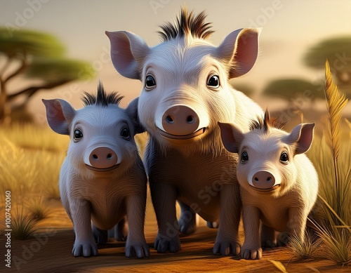 Cute Cartoon Warthog Family...