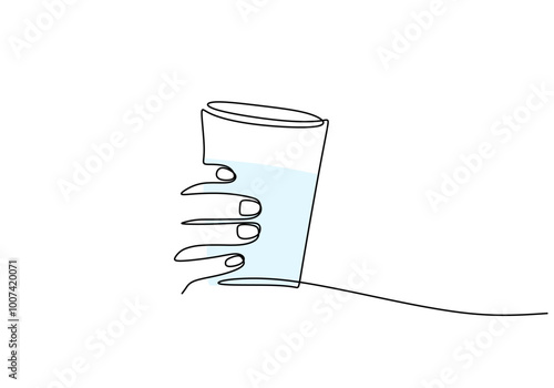 Hand holding water glass in one line drawing. Fresh drink concept.