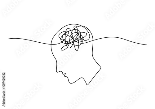 One line drawing of a head. Mental health and psychology concept. Minimalist vector.