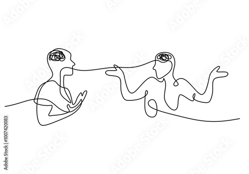 People talking with confused head in one line art. Mental health concept. Minimalist vector.