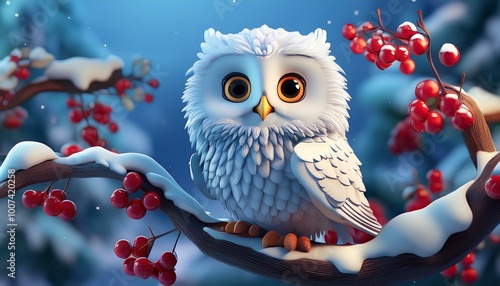 Cute Cartoon Snow Owl on a ...