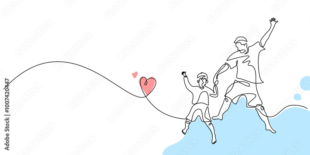 Father and son in one line drawing. Parenting and Father’s Day concept. Cheerful vector design. Father and son in one line drawing. Parenting and Father’s Day concept. Cheerful vector design.