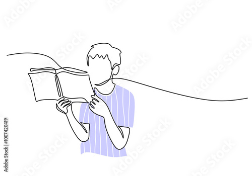 Children reading a book in one line drawing. Learning and education concept. Minimalist vector art.