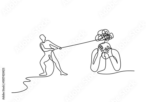 People pulling dizzy man in one line drawing. Mental health therapy. Simple vector art.