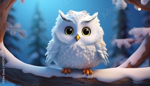 Cute Cartoon Snow Owl on a ...