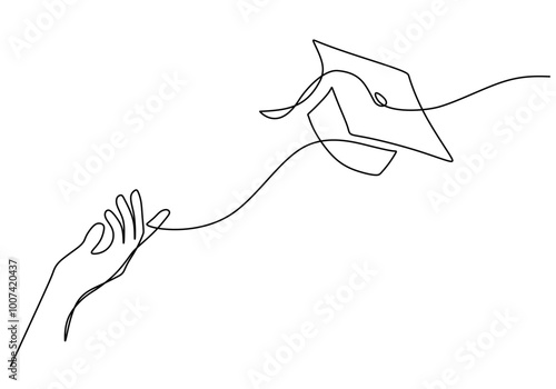 Hand throwing graduation cap in one line drawing. Education and achievement concept. Vector art.