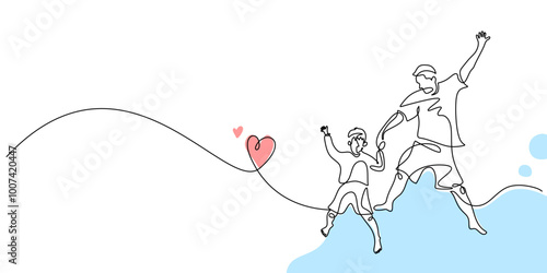 Father and son in one line drawing. Parenting and Father’s Day concept. Cheerful vector design.