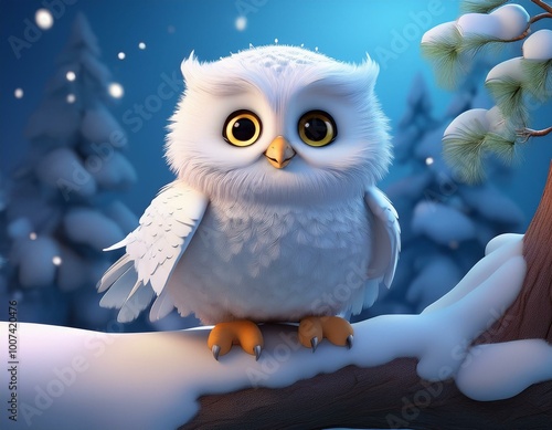 Cute Cartoon Snow Owl on a ...
