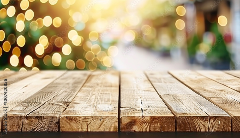 Rustic wooden table with bokeh backdrop on a sunny summer day in a garden Rustic wooden table with bokeh backdrop on a sunny summer day in a garden