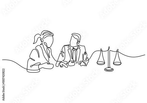 People holding scales of justice in one line drawing. Legal concept. Minimalist vector design.