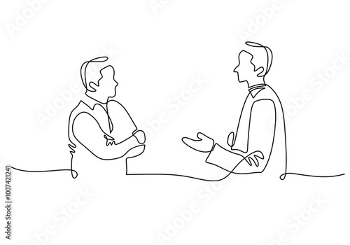 Doctors discussing in one line drawing. Medical research and communication theme. Vector art.