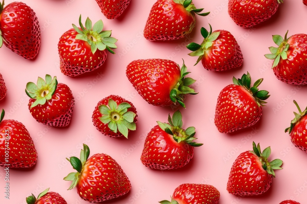 An abstract retro color theme pattern featuring red strawberries on a pink background. An abstract retro color theme pattern featuring red strawberries on a pink background.
