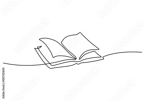 Open book in one line drawing. Education theme. Simple, minimalist vector art.
