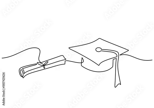 Graduation cap with rolled diploma in one line drawing. Minimalist design for graduation events.