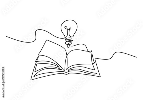 Book with light bulb in one line drawing. Education and creativity theme. Simple vector illustration.