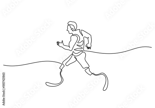 Disabled athlete running in one line drawing. Minimalist sport illustration.