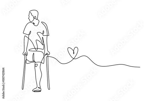 Man with crutches and love, walking in one line drawing. Disabled people concept.
