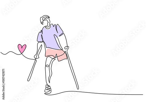 Man with crutches and love, standing in one line drawing. Minimalist disabled concept.