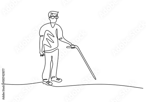 Blind man walking with cane in one line drawing. Disability mobility concept.