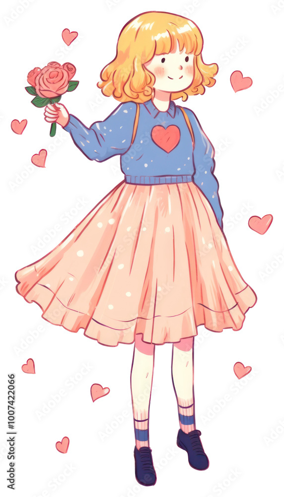 PNG Doodle illustration girl holding rose cartoon white background publication. PNG Doodle illustration girl holding rose cartoon white background publication.